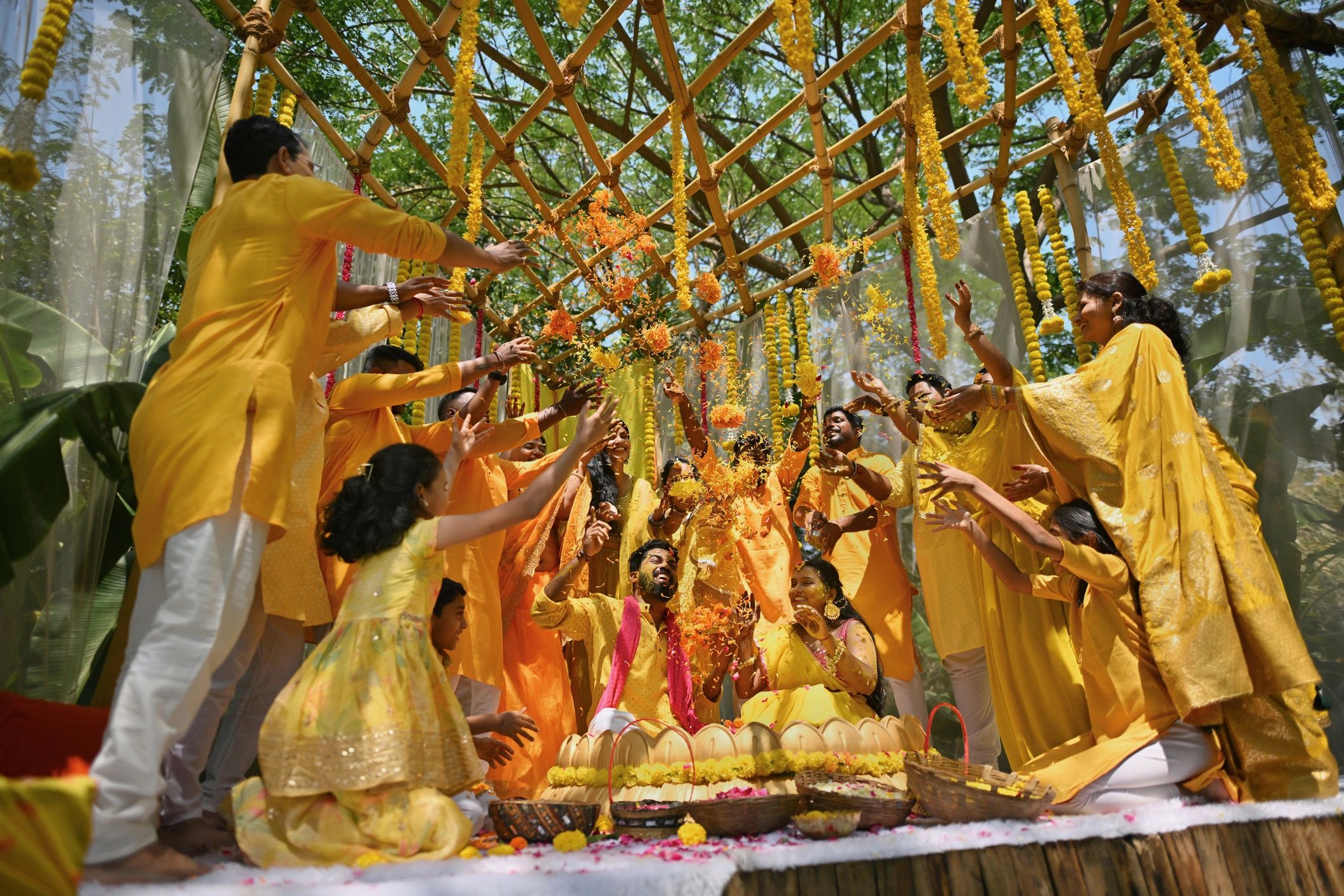 Joyful wedding ceremony celebration with family and friends