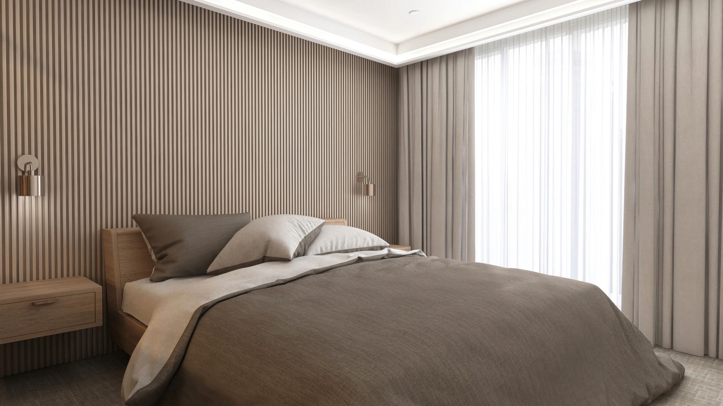 Modern luxury bedroom with warm wood finishes