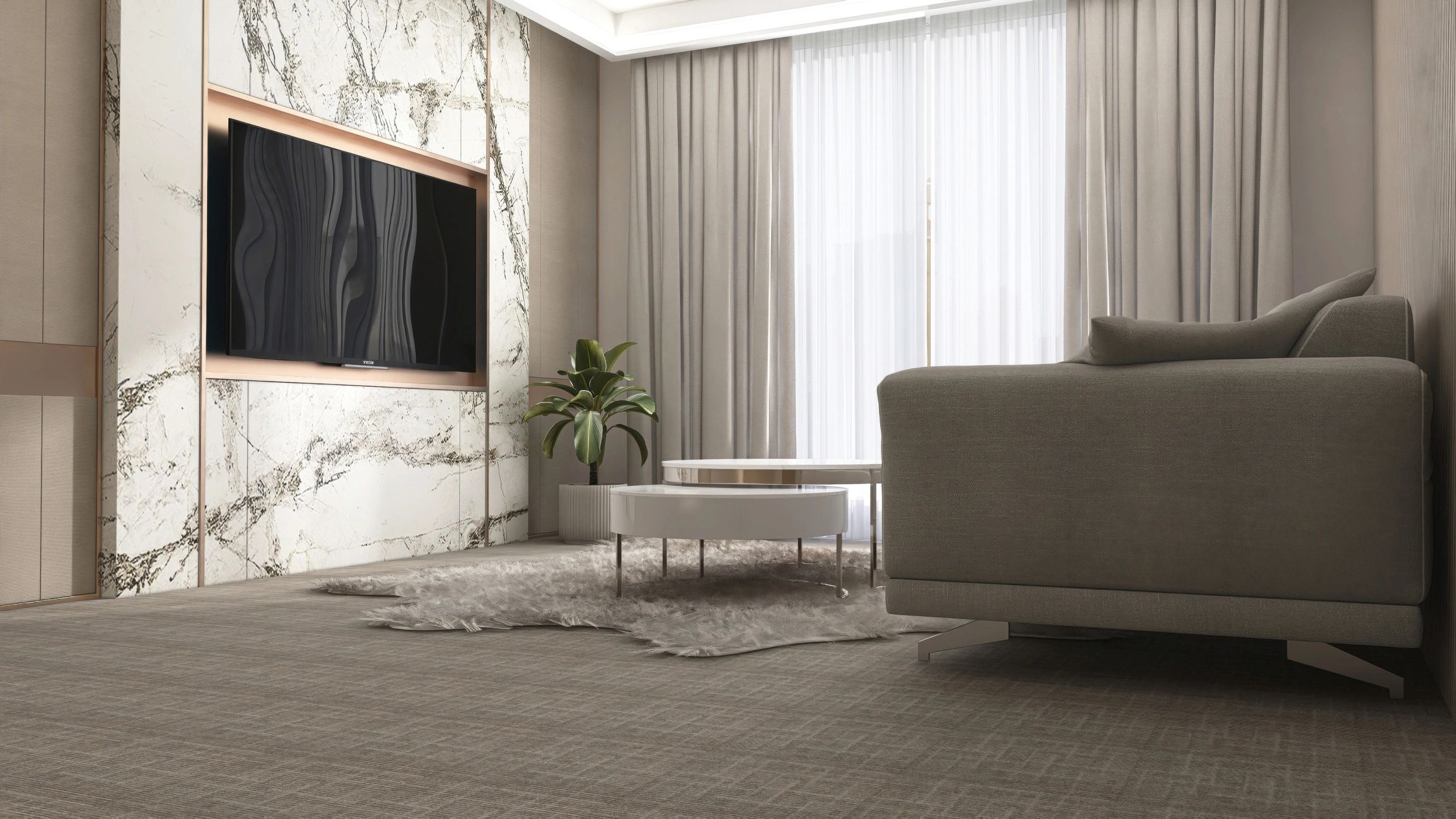Luxury villa style living room with beige sofa and marble wall